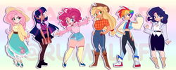 Size: 7464x3000 | Tagged: safe, artist:rumblyf, applejack, fluttershy, pinkie pie, rainbow dash, rarity, twilight sparkle, human, g4, clothes, denim, female, fishnet stockings, gradient background, hand on hip, hat, humanized, jacket, jeans, light skin, looking at you, mane six, moderate dark skin, outline, pants, pantyhose, rainbow background, short hair, shorts, skirt, smiling, smiling at you, stockings, sun hat, sweater vest, tan skin, thigh highs, unmoving plaid, white outline