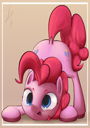 Size: 1240x1754 | Tagged: safe, artist:a6c75, pinkie pie, earth pony, pony, g4, colored hooves, cute, face down ass up, female, gradient background, jack-o challenge, mare, meme, solo