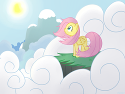Size: 1600x1200 | Tagged: safe, artist:miketheuser, fluttershy, pegasus, pony, g4, cliff, cloud, female, mare, solo, sun