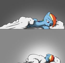 Size: 767x739 | Tagged: safe, artist:thestoicmachine, rainbow dash, pony, g4, alone, bed, cloud bed, eyes closed, female, gray background, in bed, lonely, sad, simple background, solo