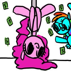 Size: 496x494 | Tagged: artist needed, safe, pinkie pie, rainbow dash, earth pony, pegasus, pony, g4, drawing, money, pole dancing, simple background, stripper pole, upside down, white background