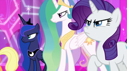 Size: 1280x720 | Tagged: safe, screencap, applejack, princess celestia, princess luna, rarity, alicorn, earth pony, pony, unicorn, g4, season 9, the ending of the end, alicorn horn, angry, crown, female, folded wings, horn, jewelry, long hair, long horn, long mane, long tail, magic, mare, offscreen character, regalia, royal sisters, serious, serious face, siblings, sisters, tail, unicorn horn, wings, wings down