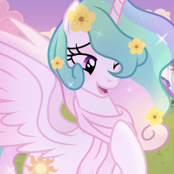 Size: 1080x1080 | Tagged: safe, artist:cstrawberrymilk, princess celestia, alicorn, pony, g4, alternate hairstyle, beautiful, clothes, cute, cutelestia, daaaaaaaaaaaw, ethereal mane, female, flower, flower in hair, gradient mane, hoof on chest, horn, mare, missing accessory, one eye closed, open mouth, open smile, scarf, slender, smiling, solo, sparkly mane, spread wings, thin, wings, wink