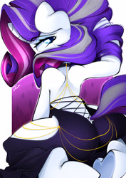 Size: 2894x4093 | Tagged: safe, artist:ahekao, rarity, pony, unicorn, semi-anthro, g4, black dress, butt, clothes, dress, fishtail dress meme, horn, looking at you, looking back, meme, older, older rarity, plot, rearity, sexy, solo