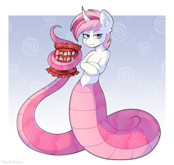Size: 4004x3806 | Tagged: safe, artist:madelinne, oc, oc only, oc:sweet irony, lamia, original species, unicorn, belly, belly button, chips, female, food, gradient background, horn, human shoulders, mare, solo, wavy mouth