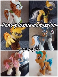 Size: 1620x2160 | Tagged: safe, artist:kuroran, autumn blaze, daring do, hitch trailblazer, spitfire, earth pony, kirin, pegasus, pony, unicorn, g4, g5, commission, female, horn, irl, male, mare, photo, plushie, stallion, text