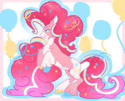 Size: 2000x1619 | Tagged: safe, artist:jezebel_remedy, pinkie pie, earth pony, pony, g4, alternate design, balloon, big hair, coat markings, colored hooves, confetti, eyes closed, female, mare, passepartout, rearing, simple background, smiling, solo, unshorn fetlocks, white background