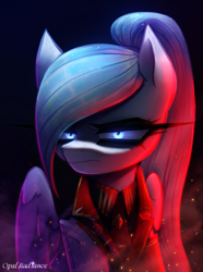 Size: 2003x2697 | Tagged: safe, artist:opal_radiance, oc, oc only, oc:opal rosamond, pegasus, pony, equestria at war mod, g4, folded wings, frown, glowing, glowing eyes, high res, pegasus oc, signature, solar empire, solo, wings