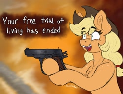 Size: 2500x1920 | Tagged: safe, artist:reddthebat, applejack, earth pony, pony, g4, bust, cowboy hat, crazy smile, dialogue, ear fluff, eye clipping through hair, eyebrows, eyebrows visible through hair, female, freckles, gun, handgun, hat, hoof hold, hoofgun, m1911, mare, meme, open mouth, open smile, pistol, ponified meme, reference in the comments, shoulder freckles, smiling, solo, stetson