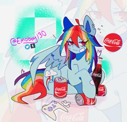 Size: 1244x1195 | Tagged: safe, artist:emoboy130, rainbow dash, pegasus, pony, g4, :3, abstract background, ahoge, bandaid, big ears, bottle, checkered, coca-cola, coke, colored pinnae, controller, drink, ear fluff, ear piercing, earring, emanata, eye clipping through hair, eyebrows, eyebrows visible through hair, female, jewelry, looking away, mare, partially open wings, piercing, product placement, signature, smiling, soda, soda bottle, soda can, solo, wingding eyes, wings, zoom layer