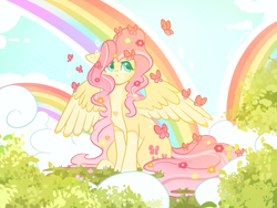 Size: 4000x3000 | Tagged: safe, artist:jezebel_remedy, fluttershy, butterfly, pegasus, pony, g4, :<, alternate hairstyle, cloud, coat markings, colored pupils, colored wings, cute, female, floppy ears, flower, flower in hair, flower in tail, grass, heart, heart mark, high res, mare, pale belly, rainbow, rainbows, shyabetes, sitting, sky, socks (coat markings), solo, spread wings, tail, two toned wings, wings
