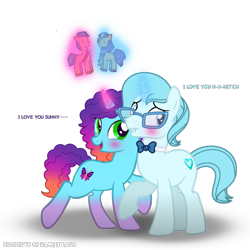 Size: 3600x3600 | Tagged: safe, artist:ramixe dash, hitch trailblazer, misty brightdawn, sunny starscout, oc, oc:crystal heart g5, earth pony, pony, unicorn, g4, g5, blushing, duo, female, g5 to g4, generation leap, glowing, glowing horn, horn, looking back, male, mare, rebirth misty, shadow, simple background, stallion, subtitles, text, toy, transparent background