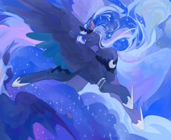 Size: 4096x3358 | Tagged: safe, artist:pebberg, nightmare moon, princess luna, alicorn, pony, g4, bracelet, chest fluff, colored pinnae, crying, ethereal mane, eyes closed, female, flying, gradient horn, helmet, hoof shoes, horn, hybrid wings, impossibly large mane, impossibly large tail, jewelry, lunar trinity, mare, painterly, regalia, s1 luna, solo focus, spread wings, starry mane, starry tail, tail, trio, wings