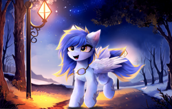Size: 4207x2670 | Tagged: safe, artist:empress-twilight, oc, oc only, oc:aquamarine zephyrine, pegasus, pony, chest fluff, commission, ear fluff, goggles, happy, high res, open mouth, open smile, outdoors, pegasus oc, smiling, solo, spread wings, streetlight, tail, tail feathers, tree, winged hooves, wings, ych result
