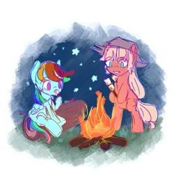 Size: 1000x1000 | Tagged: safe, artist:snowzaaah, applejack, rainbow dash, earth pony, pegasus, pony, g4, campfire, duo, eating, female, food, lesbian, mare, marshmallow, night, ship:appledash, shipping, sitting, stars