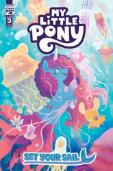 Size: 2063x3131 | Tagged: safe, artist:justasuta, idw, official comic, misty brightdawn, fish, jellyfish, merpony, sea pony, seapony (g4), unicorn, g5, official, spoiler:comic, spoiler:g5comic, beautiful, bubble, cloven hooves, comic, comic cover, coral, crepuscular rays, curly mane, curly tail, cute, female, fish tail, flowing mane, flowing tail, freckles, happy, horn, jewelry, logo, mare, my little pony: set your sail, necklace, ocean, open mouth, open smile, rebirth misty, scales, seaponified, seapony misty brightdawn, seaweed, set your sail, smiling, species swap, sunlight, swimming, tail, underwater, unshorn fetlocks, water
