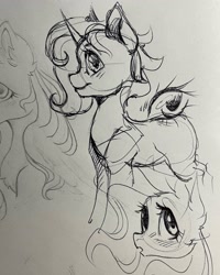 Size: 1638x2048 | Tagged: safe, artist:rozmed, oc, oc only, pony, unicorn, curved horn, female, horn, mare, monochrome, sketch, sketch dump, traditional art