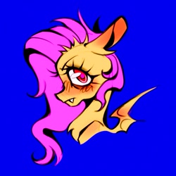 Size: 903x903 | Tagged: safe, artist:rozmed, fluttershy, bat pony, pony, g4, bat ponified, blue background, blushing, fangs, female, flutterbat, mare, race swap, simple background, solo