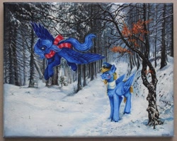 Size: 2048x1638 | Tagged: safe, artist:rozmed, oc, oc only, pegasus, pony, cap, clothes, duo, female, forest, hat, male, mare, nature, oil painting, painting, scarf, snow, stallion, striped scarf, traditional art, tree, winter