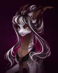 Size: 1633x2048 | Tagged: safe, artist:rozmed, oc, oc only, original species, pony, abstract background, chains, chest fluff, commission, ear fluff, ear piercing, earring, fangs, female, jewelry, mare, multiple eyes, piercing, solo, wing ears, wings