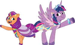 Size: 2832x1711 | Tagged: safe, artist:prixy05, sunny starscout, twilight sparkle, alicorn, earth pony, pony, crystal ball (episode), g4, g5, my little pony: tell your tale, clothes, clothes swap, dress, duo, duo female, female, g4 to g5, generation leap, mane stripe sunny, mare, simple background, sunny and her heroine, transparent background, twilight sparkle (alicorn), vector