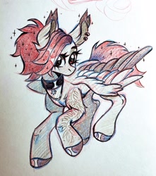 Size: 1686x1911 | Tagged: safe, artist:rozmed, oc, oc only, bat pony, pony, choker, ear piercing, earring, female, jewelry, mare, necklace, piercing, solo, traditional art