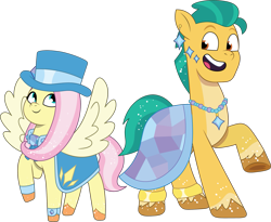 Size: 1909x1567 | Tagged: safe, artist:prixy05, fluttershy, hitch trailblazer, earth pony, pegasus, pony, crystal ball (episode), g4, g5, my little pony: tell your tale, clothes swap, crossdressing, duo, duo male and female, female, g4 to g5, generation leap, hat, hitch and his 2nd heroine, male, mare, simple background, stallion, top hat, transparent background, vector