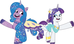 Size: 2739x1648 | Tagged: safe, artist:prixy05, izzy moonbow, rarity, pony, unicorn, crystal ball (episode), g4, g5, my little pony: tell your tale, clothes, clothes swap, dress, duo, duo female, female, g4 to g5, generation leap, horn, izzy and her 2nd heroine, mare, simple background, transparent background, vector