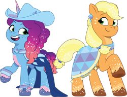 Size: 2033x1553 | Tagged: safe, artist:prixy05, applejack, misty brightdawn, earth pony, pony, unicorn, crystal ball (episode), g4, g5, my little pony: tell your tale, applejack's hat, clothes, clothes swap, cowboy hat, dress, duo, duo female, female, g4 to g5, generation leap, hat, horn, mare, misty and her 2nd heroine, rebirth misty, simple background, transparent background, vector