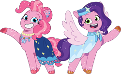 Size: 2127x1307 | Tagged: safe, artist:prixy05, pinkie pie, pipp petals, earth pony, pegasus, pony, crystal ball (episode), g4, g5, my little pony: tell your tale, clothes, clothes swap, dress, duo, duo female, female, g4 to g5, generation leap, mare, pipp and her 2nd heroine, simple background, smolpie, transparent background, vector