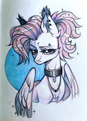 Size: 1475x2048 | Tagged: safe, artist:rozmed, oc, oc only, bat pony, pony, abstract background, choker, ear piercing, earring, eyebrow piercing, female, jewelry, mare, necklace, piercing, slender, solo, sternocleidomastoid, thin, traditional art