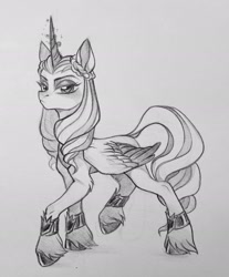 Size: 1601x1929 | Tagged: safe, artist:rozmed, opaline arcana, alicorn, pony, g5, black and white, braid, female, glowing, glowing horn, grayscale, horn, looking at you, mare, monochrome, pencil drawing, slender, solo, thin, traditional art, unshorn fetlocks, walking