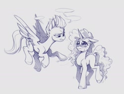 Size: 1947x1474 | Tagged: safe, artist:rozmed, misty brightdawn, zipp storm, pegasus, pony, unicorn, g5, cornrows, female, flying, freckles, horn, mare, monochrome, simple background, speech bubble, white background