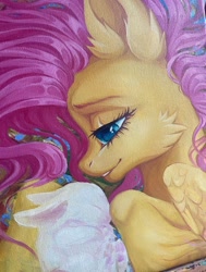 Size: 1552x2048 | Tagged: safe, artist:rozmed, angel bunny, fluttershy, pony, rabbit, g4, animal, cheek fluff, duo, ear fluff, female, male, mare, oil painting, painting, traditional art, unshorn fetlocks, wip