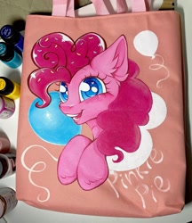 Size: 1772x2048 | Tagged: safe, artist:rozmed, pinkie pie, earth pony, pony, g4, bag, balloon, blushing, female, mare, solo, traditional art