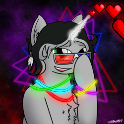 Size: 2048x2048 | Tagged: safe, artist:skydreams, oc, oc only, oc:bullet storm, pony, unicorn, 3d glasses, bracelet, chest fluff, female, glowing, glowing horn, glowstick, heart, horn, jewelry, mare, nebula, necklace, pixel art, solo, stars