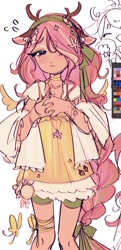 Size: 440x907 | Tagged: safe, artist:setomie, fluttershy, human, g4, antlers, clothes, deer ears, dress, female, flower, flower in hair, freckles, humanized, jewelry, mare, necklace, solo, wip