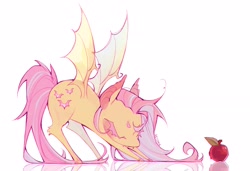 Size: 3301x2252 | Tagged: safe, artist:setomie, fluttershy, bat pony, pony, g4, apple, bat ponified, bowing, face down ass up, fangs, female, flutterbat, food, mare, race swap, simple background, solo, transparent wings, white background, wings