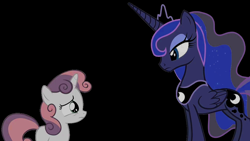 Size: 1000x563 | Tagged: safe, edit, edited screencap, editor:incredibubbleirishguy, screencap, princess luna, sweetie belle, alicorn, pony, unicorn, for whom the sweetie belle toils, g4, black background, dark, duo, duo female, female, filly, foal, horn, mare, simple background