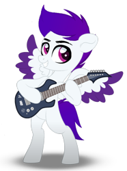 Size: 2678x3600 | Tagged: safe, artist:ramixe dash, oc, oc only, oc:ramixe dash, pegasus, pony, g4, g5, base used, bipedal, colored wings, electric guitar, g5 to g4, generation leap, guitar, logo, looking right, magenta eyes, male, musical instrument, purple hair, shadow, simple background, solo, stallion, text, transparent background, wings