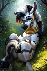 Size: 2731x4096 | Tagged: safe, ai assisted, ai content, artist:emptyplotfiller, zecora, pony, zebra, fanfic:crossing the trixie bridge:a new life in the crystal empire, g4, cute, everfree forest, looking at you, lying down, raised hoof, solo, tree
