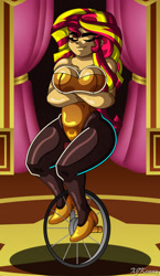 Size: 1200x2071 | Tagged: safe, artist:xjkenny, sunset shimmer, human, equestria girls, g4, arm under breasts, breasts, busty sunset shimmer, cleavage, clothes, crossed arms, eyes closed, leotard, pantyhose, smiling, solo, unicycle