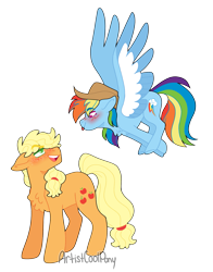 Size: 2177x2782 | Tagged: safe, artist:artistcoolpony, applejack, rainbow dash, earth pony, pegasus, pony, g4, :p, accessory theft, applejack's hat, blushing, chest fluff, cowboy hat, cute, dashabetes, duo, duo female, female, flying, freckles, hat, jackabetes, lesbian, looking at each other, looking at someone, mare, markings, open mouth, ship:appledash, shipping, simple background, tongue out, transparent background