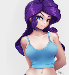 Size: 912x1000 | Tagged: safe, artist:the-park, rarity, human, g4, arm behind back, bare shoulders, belly button, clothes, female, humanized, midriff, simple background, sleeveless, solo, tank top, white background