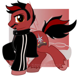 Size: 1183x1148 | Tagged: dead source, safe, artist:immortaltanuki, earth pony, pony, 2011, angry joe, clothes, facial hair, jacket, looking at you, male, moustache, ponified, raised hoof, smiling, smirk, solo, stallion, tgwtg, unshorn fetlocks