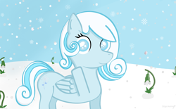 Size: 2750x1700 | Tagged: safe, artist:[mlp] harmony, oc, oc only, oc:snowdrop, pegasus, pony, snowdrop (animation), blind, detailed background, female, filly, foal, folded wings, greeting, show accurate, snow, snowfall, snowflake, solo, standing, wings, winter