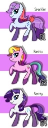 Size: 239x632 | Tagged: dead source, safe, artist:shufflestripes, rarity, rarity (g3), sparkler (g1), g1, g3, g4, comparison, g1 to g4, g3 to g4, generation leap