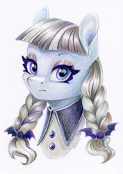Size: 708x1000 | Tagged: safe, artist:maytee, inky rose, pegasus, pony, g4, bust, clothes, colored pencil drawing, commission, female, goth, mare, portrait, solo, traditional art, twin braids