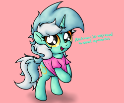 Size: 2478x2056 | Tagged: safe, artist:background basset, lyra heartstrings, pony, unicorn, g4, bipedal, clothes, cute, dialogue, female, horn, looking at you, lyrabetes, mare, open mouth, shirt, shirt pull, simple background, solo, standing, text