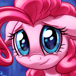 Size: 1800x1800 | Tagged: safe, artist:whitediamonds, pinkie pie, earth pony, pony, g4, abstract background, bust, commission, crying, cute, diapinkes, female, floppy ears, looking at you, mare, portrait, profile, sad, sadorable, signature, smiling, smiling at you, solo, teary eyes